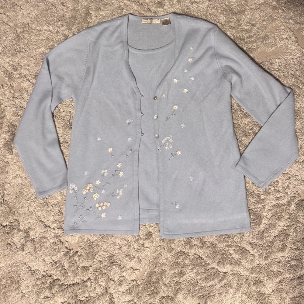 Carolyn Taylor Soft Blue Cardigan with Floral Accents